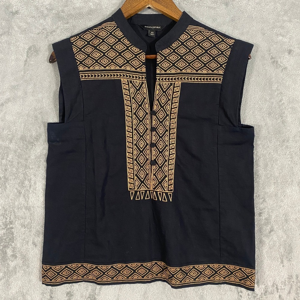 Banana Republic Top Womens XS Black Linen Blend Embroidered Sleeveless Boho Chic